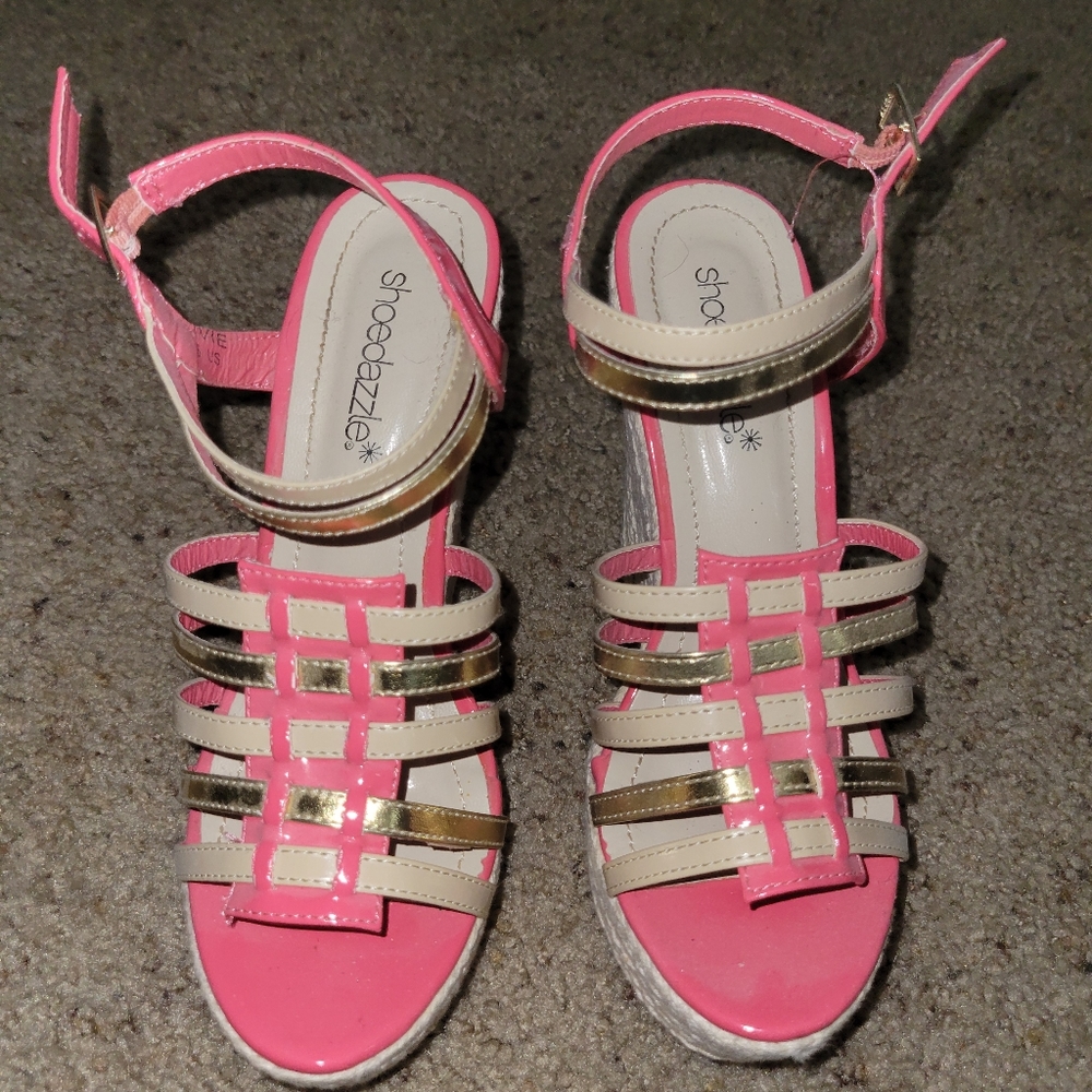 Pink and light tan wedge heel shoes